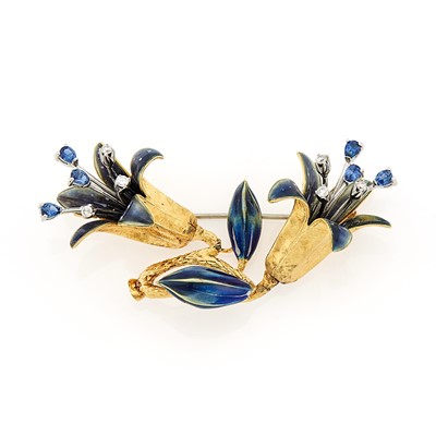 Lot 1071 - Gold, Enamel, Sapphire and Diamond Flower Brooch