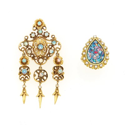 Lot 1146 - Gold, Opal Mosaic and Diamond Ring and Gold and Opal Pendant-Brooch