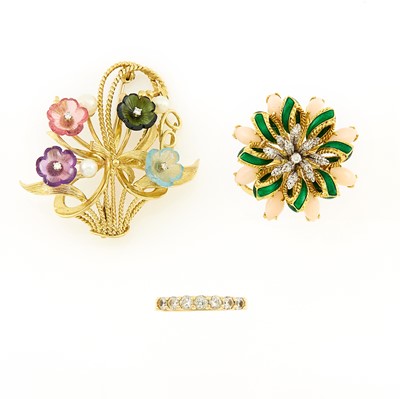 Lot 1217 - Two-Color Gold, Colored Stone, Diamond and Cultured Pearl Brooch and Two Rings