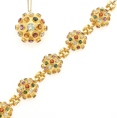 Lot 1089 - Gold and Gem-Set Sputnik Pendant-Brooch with Chain Necklace and Bracelet