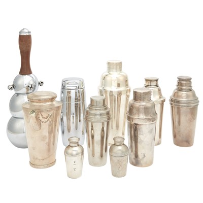 Lot 166 - Group of Ten Silver Plated, Chromed Metal and Stainless Steel Cocktail Shakers