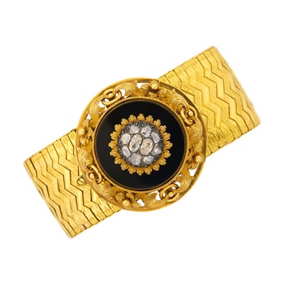 Lot 48 - Antique Wide Gold Bracelet, France, with Gold, Silver, Black Onyx and Diamond Brooch Attachment