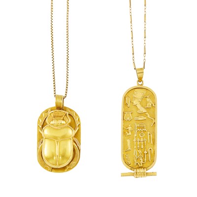 Lot 2247 - Two Gold Egyptian Pendants with Gold and Low Karat Gold Chain Necklaces