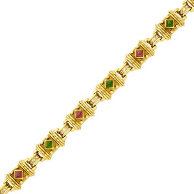 Lot 16 - Gold, Cabochon Colored Stone and Diamond Bracelet