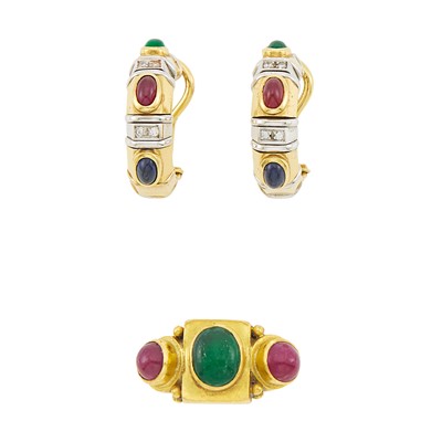 Lot 1022 - Pair of Two-Color Gold and Colored Stone Earrings and Ilias Lalaounis Ring