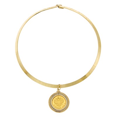 Lot 1053 - Gold Omega Necklace with Gold Coin Pendant