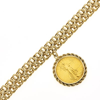 Lot 1223 - Double Strand Gold Curb Link Bracelet with Gold Coin Charm