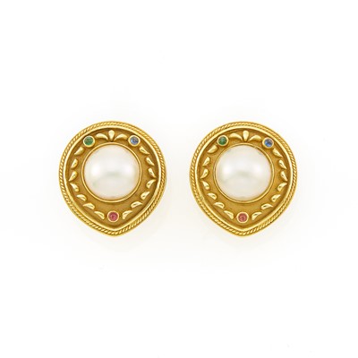 Lot 1076 - Pair of Gold, Mabé Pearl and Cabochon Colored Stone Earclips