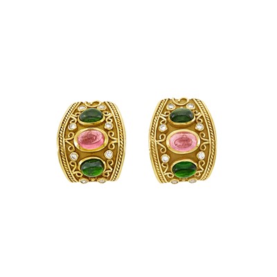 Lot 1054 - Pair of Gold, Cabochon Pink and Green Tourmaline and Diamond Earrings