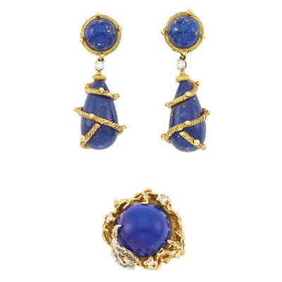 Lot 1248 - Gold, Lapis and Diamond Ring and Pair of Pendant-Earrings