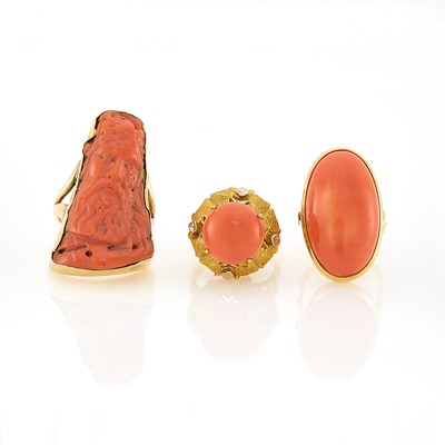 Lot 1227 - Three Gold, Low Karat Gold and Coral Rings