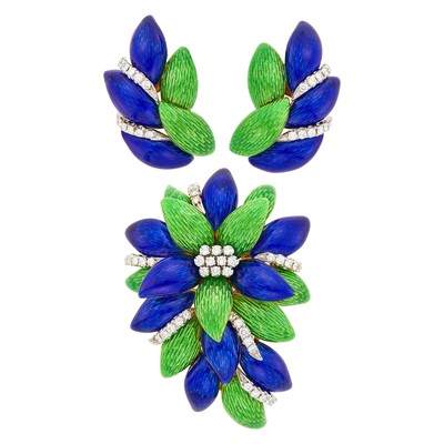 Lot 102 - Two-Color Gold, Enamel and Diamond Flower Clip-Brooch and Pair of Leaf Earclips