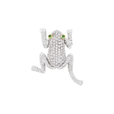 Lot 1179 - White Gold, Diamond and Emerald Frog Brooch