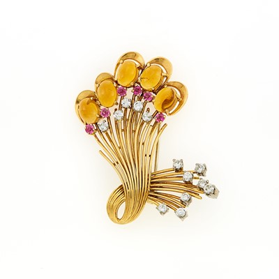 Lot 1192 - Gold, Cabochon Citrine, Ruby and Diamond Clip-Brooch