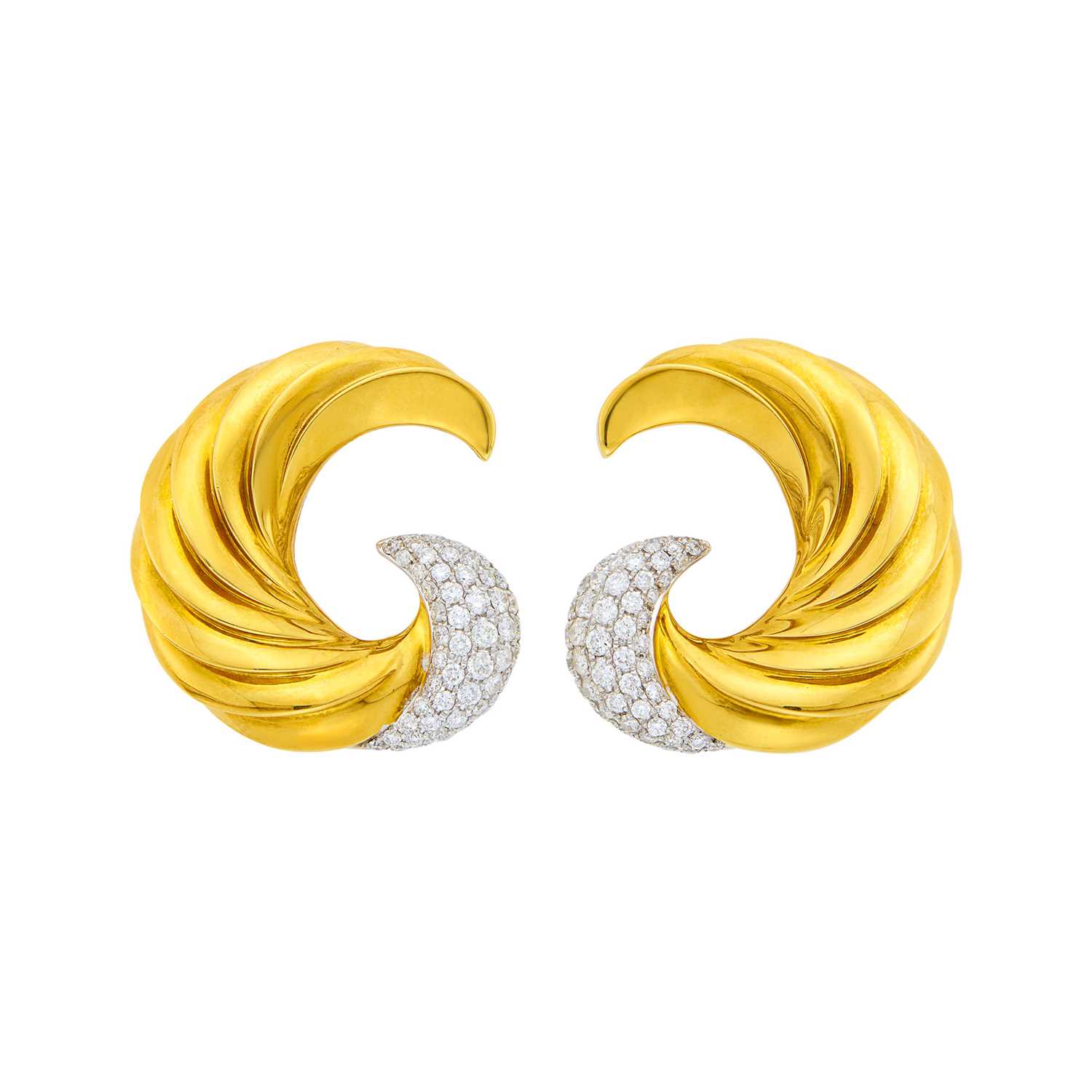 Lot 105 - Pair of Two-Color Gold and Diamond Crescent Earrings