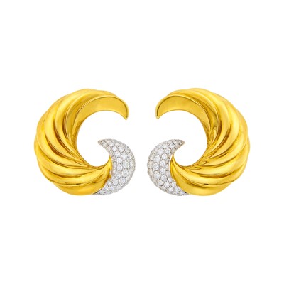 Lot 105 - Pair of Two-Color Gold and Diamond Crescent Earrings