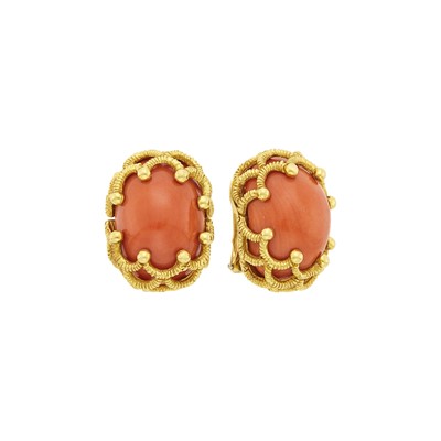Lot 166 - Pair of Gold and Coral Earclips