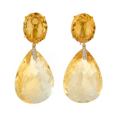 Lot 1047 - Pair of Gold, Citrine and Diamond Pendant-Earrings