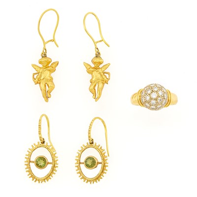 Lot 1241 - Gold and Diamond Dome Ring and Ilias Lalaounis Two Pairs of Gold, High Karat Gold and Peridot Pendant-Earrings