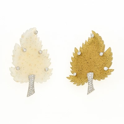 Lot 1191 - Two White Gold, Frosted Drusy Rock Crystal and Agate and Diamond Leaf Brooches