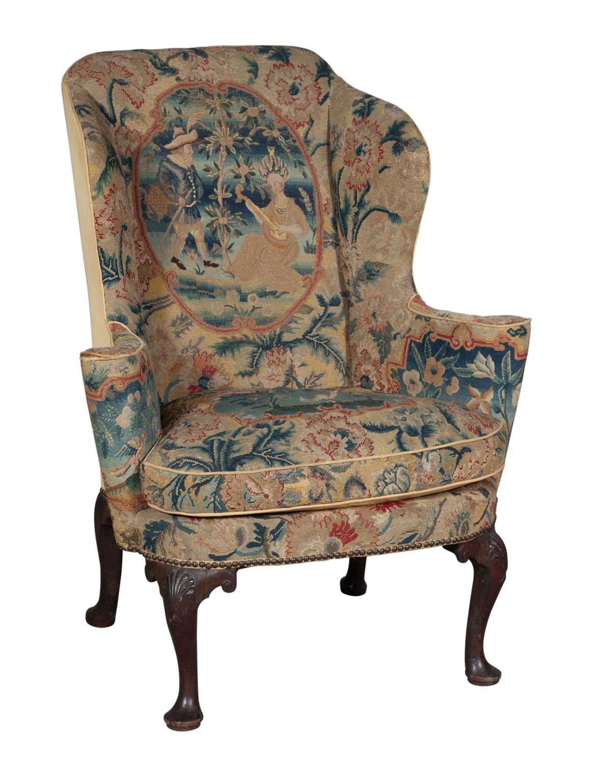 Lot 775 - George II Needlework-Upholstered Walnut and Beech Wing Armchair