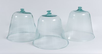 Lot 1079 - Three Aqua Blown Glass Bell Form Garden Cloches