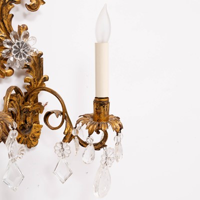 Lot 270 - Pair of Rococo Style Gilt-Metal, Cut Glass and Rock Crystal Two-Light Sconces