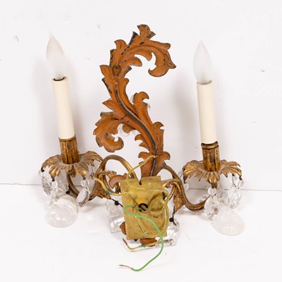 Lot 270 - Pair of Rococo Style Gilt-Metal, Cut Glass and Rock Crystal Two-Light Sconces