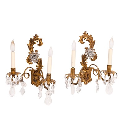 Lot 286 - Pair of Rococo Style Gilt-Metal, Cut Glass and Rock Crystal Two-Light Sconces