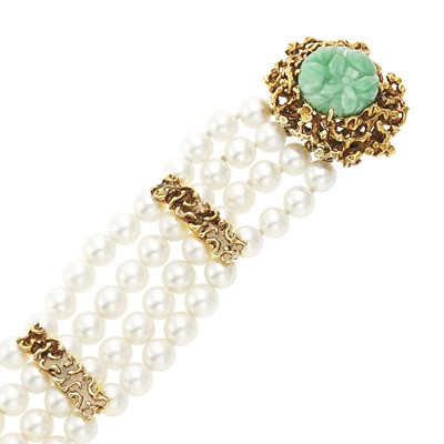 Lot 1100 - Four Strand Cultured Pearl, Gold and Carved Jade Bracelet