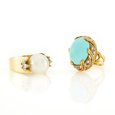 Lot 1213 - Gold, South Sea Cultured Pearl and Diamond Ring and Turquoise and Diamond Ring