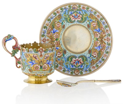 Lot 690 - Russian Silver-Gilt and Cloisonné Enamel Cup, Saucer, and Spoon