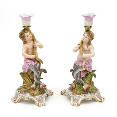 Lot 263 - Pair of Meissen Porcelain Figural Candlesticks