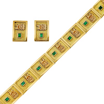 Lot 2182 - Two-Color Gold and Emerald Peruvian Bracelet and Pair of Earclips