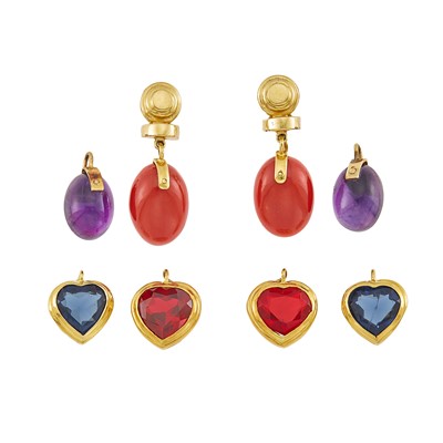 Lot 2191 - Pair of Gold Earclips with Coral, Amethyst and Simulated Stone Interchangeable Pendants