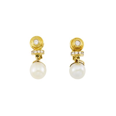 Lot 2171 - Pair of Gold, Freshwater Pearl and Diamond Pendant-Earclips