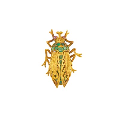 Lot 2039 - Gold, Emerald and Ruby Beetle Brooch