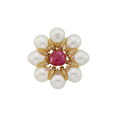 Lot 1080 - Gold, Cabochon Ruby, Baroque South Sea Cultured Pearl and Diamond Flower Clip-Brooch