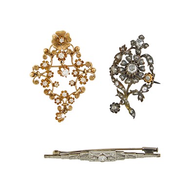 Lot 2051 - Two Antique Gold, Silver and Diamond Brooches and Platinum and Diamond Bar Pin
