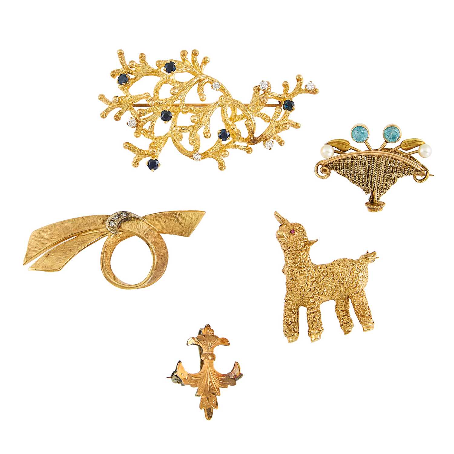 Lot 2248 - Four Gold and Low Karat Brooches and Metal Brooch