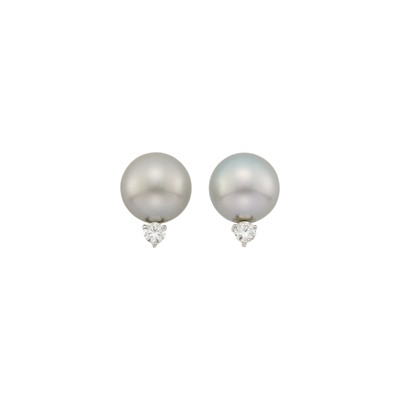 Lot 1046 - Pair of White Gold, Tahitian Gray Cultured Pearl and Diamond Earclips