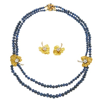 Lot 2113 - Double Strand Sapphire Bead, Two-Color Gold, Sapphire and Diamond Leaf Necklace and Pair of Earclips