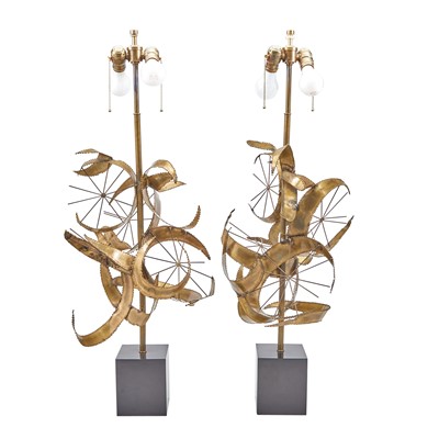 Lot 223 - Pair of Brutalist Brass and Metal Table Lamps