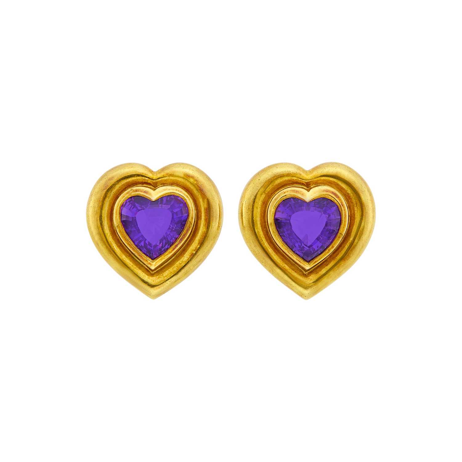 Lot 3 - Tiffany & Co., Paloma Picasso Pair of Gold and Amethyst Heart Earclips