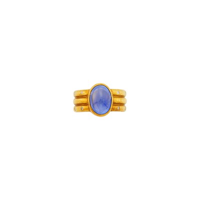 Lot 28 - Reinstein Ross Gold, Cabochon Sapphire and Diamond Three Row Band Ring