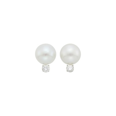 Lot 66 - Pair of Platinum, South Sea Cultured Pearl and Diamond Earclips