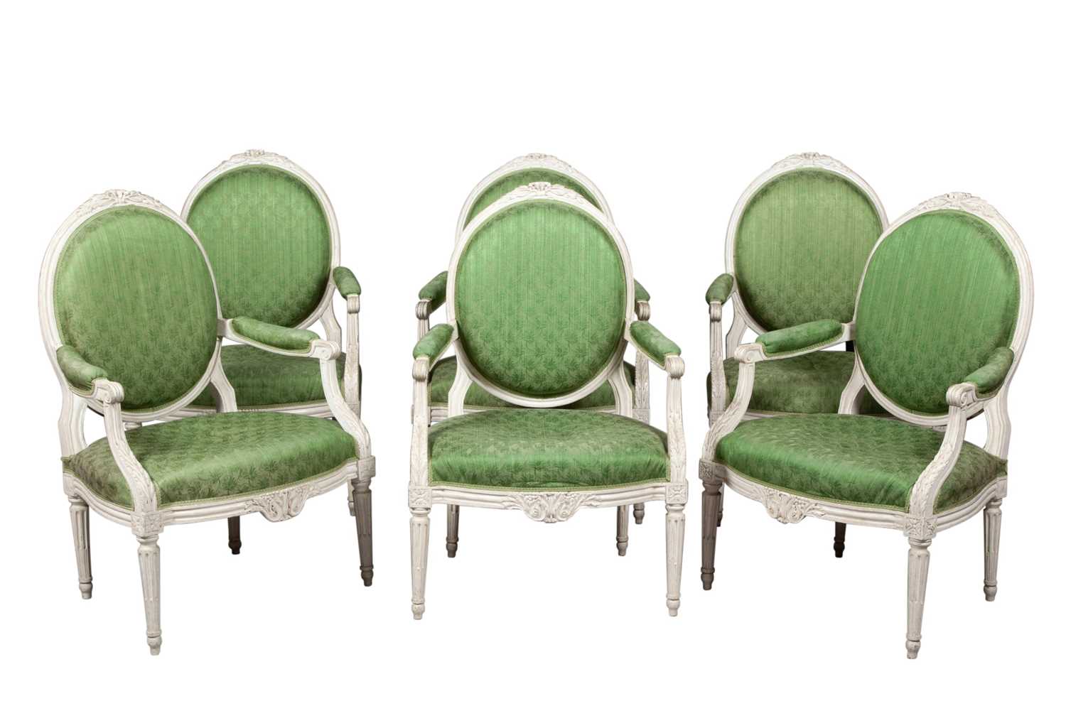 Lot 714 - Set of Six Louis XVI Gray-Painted Fauteuils