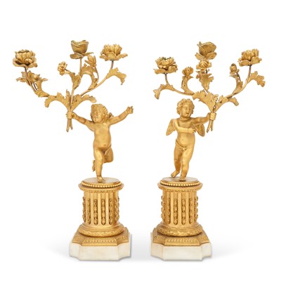 Lot 328 - Pair of Louis XV Style Gilt-Bronze and Marble Three-Light Figural Candelabra