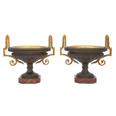 Lot 329 - Pair of Neoclassical Style Patinated Bronze, Gilt-Metal and Marble Urns