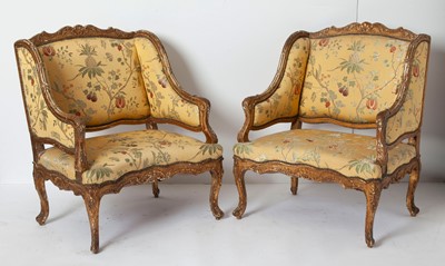 Lot 398 - Pair Louis XV Style Giltwood Upholstered Bergères